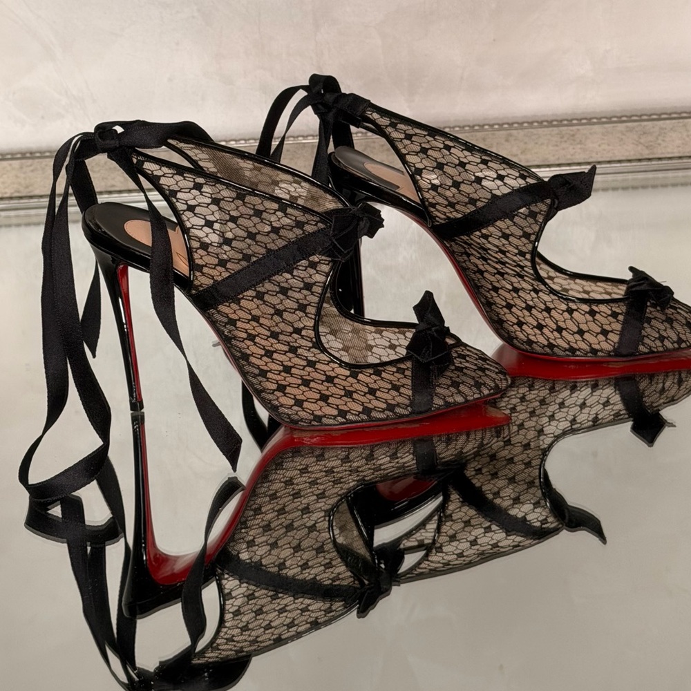 Christian Louboutin Black Lace Peep-Toe Ribbon Tie Pumps with Red Sole